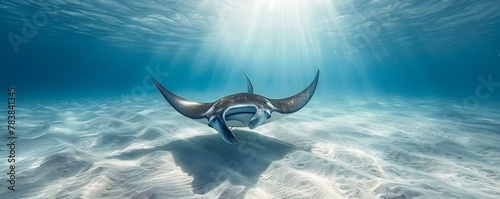 A giant manta ray glides gracefully over a sandy ocean floor.