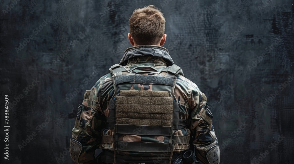 Soldier in camouflage standing outdoors back view Soldier in camouflage standing outdoors back view