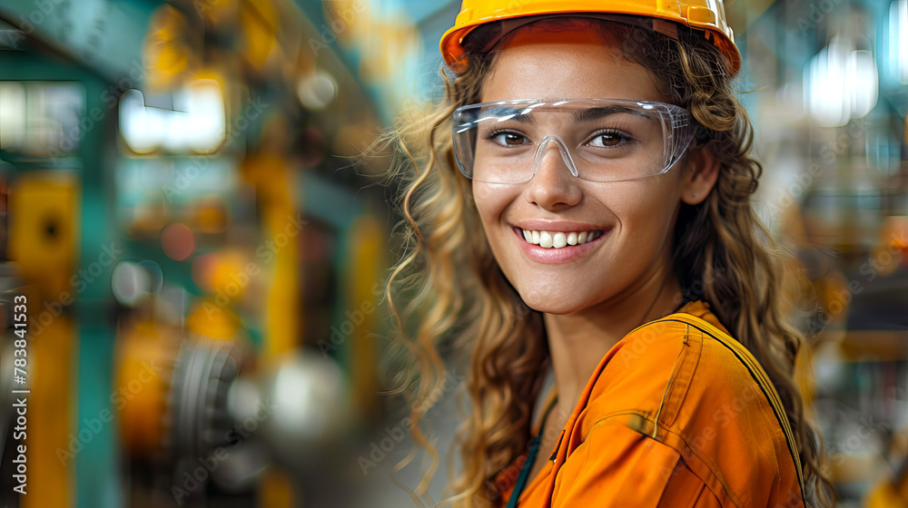 close up portrait of Confident Female Engineer Smiling in Industrial Setting with Safety Gear close up portrait of Confident Female Engineer Smiling in Industrial Setting with Safety Gear