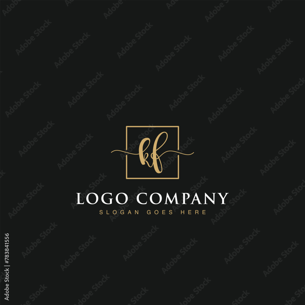 Initials signature letters KF linked inside minimalist luxurious square line box vector logo gold color designs for brand, identity, invitations, hotel, boutique, jewelry, photography or company signs Initials signature letters KF linked inside minimalist luxurious square line box vector logo gold color designs for brand, identity, invitations, hotel, boutique, jewelry, photography or company signs