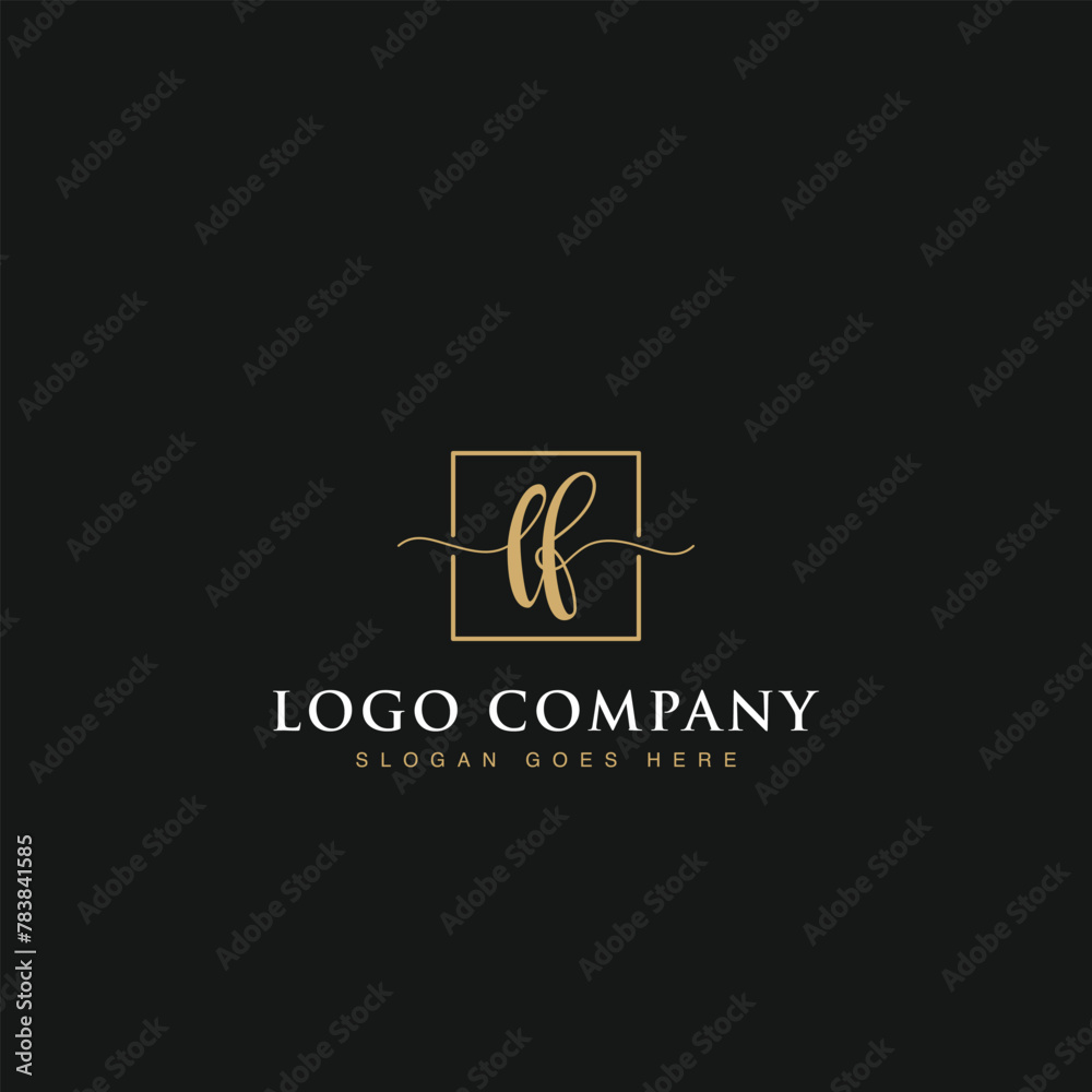 Initials signature letters LF linked inside minimalist luxurious square line box vector logo gold color designs for brand, identity, invitations, hotel, boutique, jewelry, photography or company signs