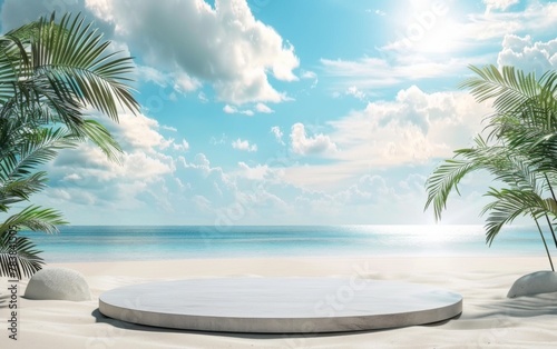 Summer tropical background  Podium on sand beach on sea background  Mock up for the exhibitions  Presentation of products  3d render