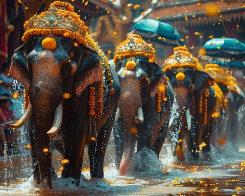 Panoramic procession of Thai elephants decorated with yellow cassia flowers Beautiful