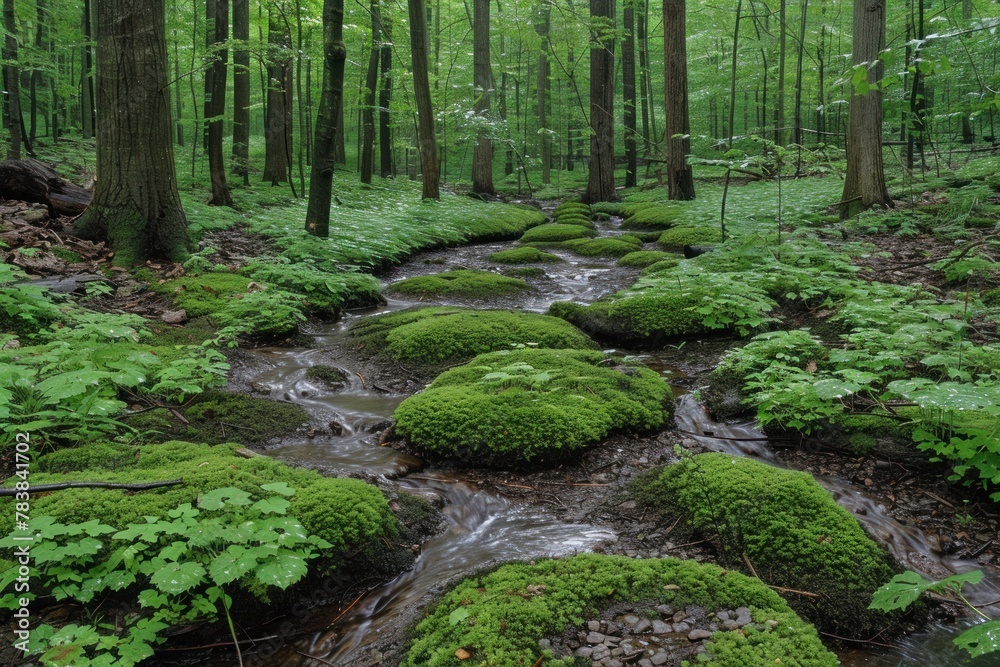 A stream cuts through dense forest, surrounded by vibrant green foliage A stream cuts through dense forest, surrounded by vibrant green foliage