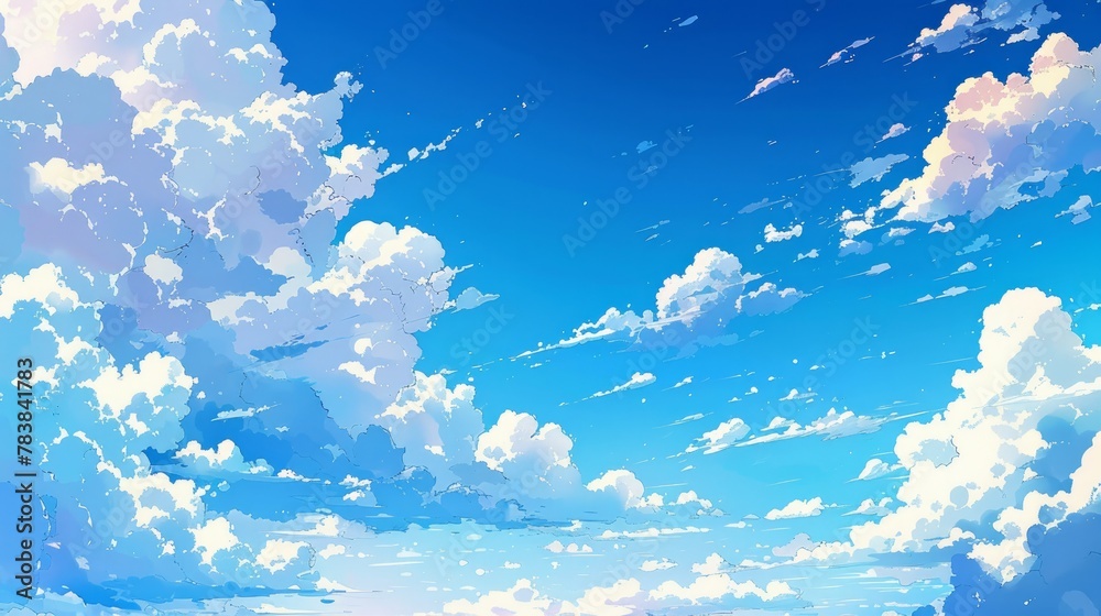 Fototapeta premium A clean and crisp vector background depicting blue skies and fluffy clouds, styled with a subtle anime influence