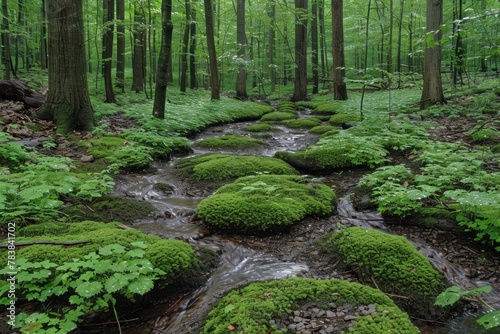 A stream cuts through dense forest, surrounded by vibrant green foliage