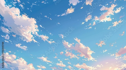 A clean and crisp vector background depicting blue skies and fluffy clouds, styled with a subtle anime influence