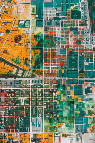 cadastral map and general urban plan with cadastral parcels, urban destinations, vacant land plots and condominium residential building