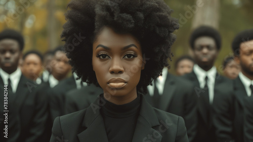 Black Freedom Day. A group of African Americans formally dressed in black strict suits. image focuses on central figure in black turtleneck, rest of participants are slightly out of focus. photo