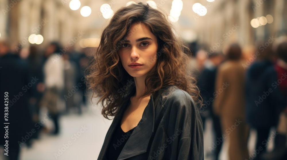 Beautiful young Spanish woman at a fashion fair in Milan