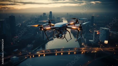 An autonomous drone capturing aerial footage of a bustling cityscape, controlled by advanced algorithms.