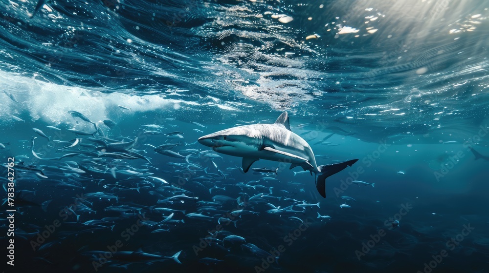 Fototapeta premium Professional photography of great white sharks in the blue sea