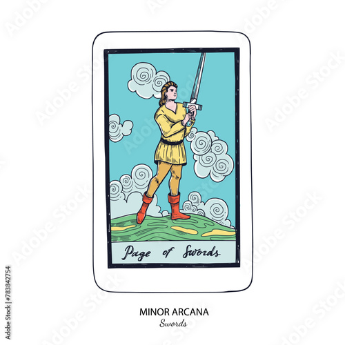 Tarot card vector deck . Minor Arcana Swords . Occult esoteric spiritual Tarot. Isolated colored hand drawn illustrations