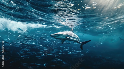 Professional photography of great white sharks in the blue sea