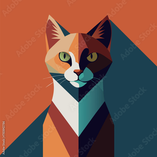 a cat with a blue and orange background that has a white stripe on it.
