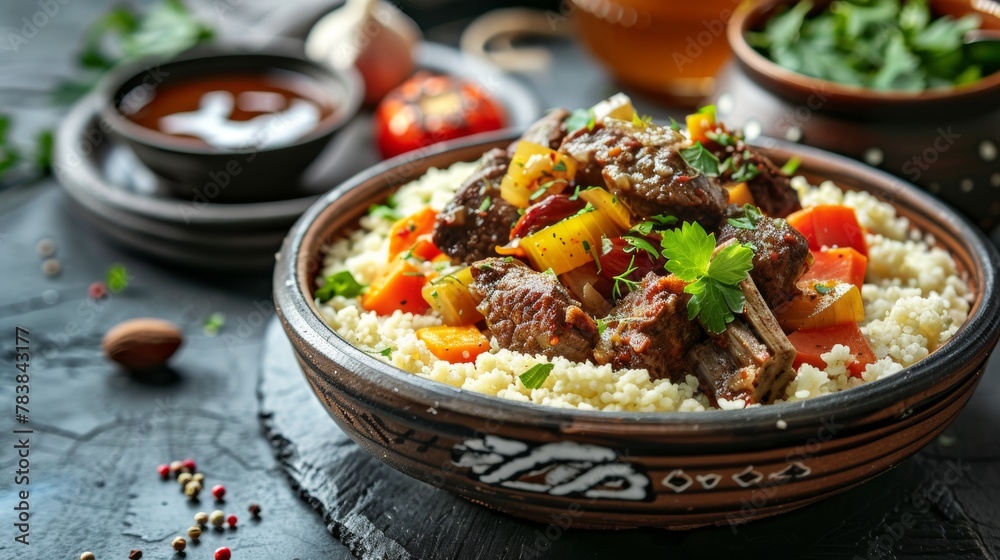 The national cuisine of Algeria is couscous with stewed meat and vegetables.