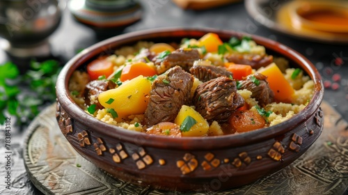 The national cuisine of Algeria is couscous with stewed meat and vegetables.