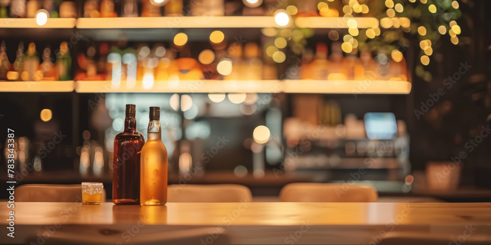  empty  table on Blurred bar background with shelves of bottles and chair in Luxury modern restaurant or hotel interior design, 