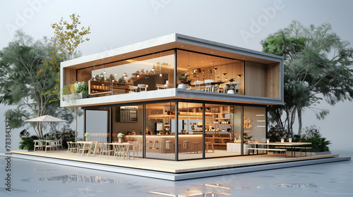 Interior of modern restaurant, 3D model of restaurant. Generative AI.