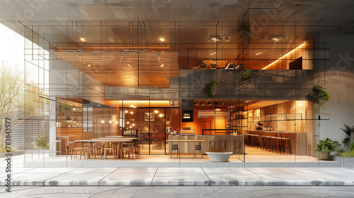 Interior of modern restaurant, 3D model of restaurant. Generative AI.