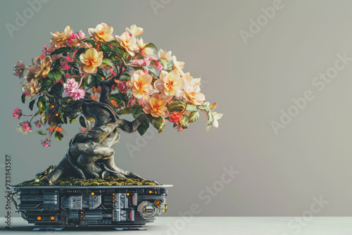 Cyberpunk Blossoming Techno-Bonsai on Circuit Board in a cyber pot - Nature Meets Technology 
