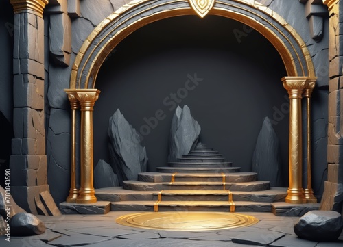 Golden Mystic Podium  Dark Cave Showcase Illustration  Enigmatic Showcase of Wealth