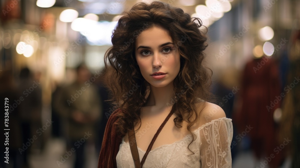 Beautiful young Spanish woman at a fashion fair in Milan