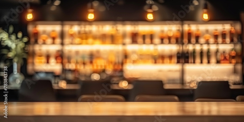  empty table on Blurred bar background with shelves of bottles and chair in Luxury modern restaurant or hotel interior design, 