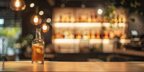  empty table on Blurred bar background with shelves of bottles and chair in Luxury modern restaurant or hotel interior design, 