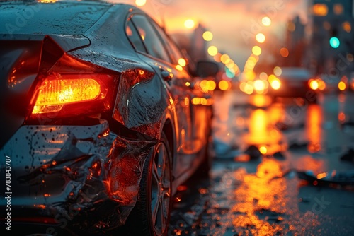 A dented car after an accident on the road, a collision due to breakneck speed and serious speeding photo