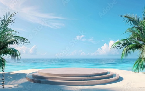 Summer tropical background, Podium on sand beach on sea background, Mock up for the exhibitions, Presentation of products, 3d render