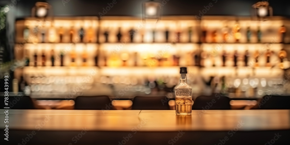  empty  table on Blurred bar background with shelves of bottles and chair in Luxury modern restaurant or hotel interior design, 