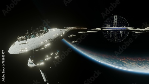 3D illustration of a space station deep in space. An intermediate post at the Hypergate.
