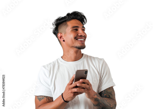 Cheerful Man with Phone on Transparent photo