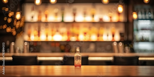  empty  table on Blurred bar background with shelves of bottles and chair in Luxury modern restaurant or hotel interior design  
