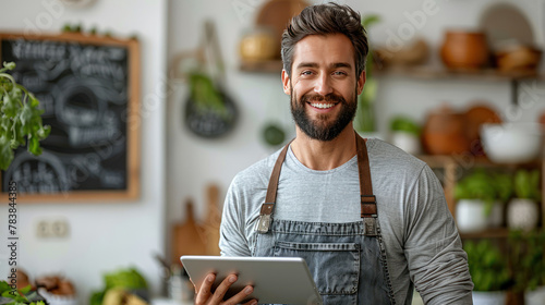 Man in Apron Holding Tablet photo