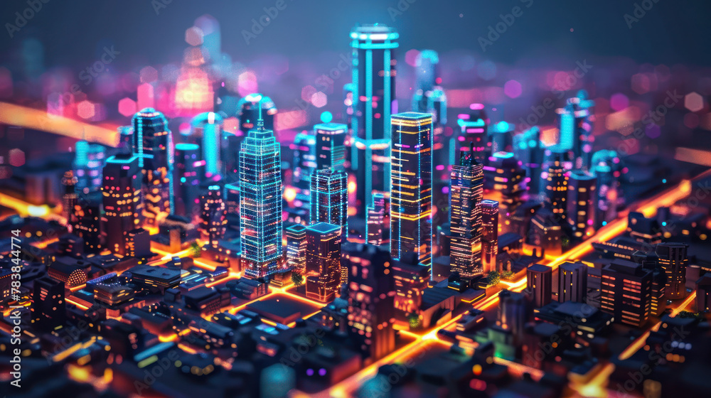 Vibrant Neon Cityscape With Glowing Buildings