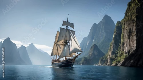 Beautiful shot of a sailing boat travelling across the sea surrounded by mountains photo