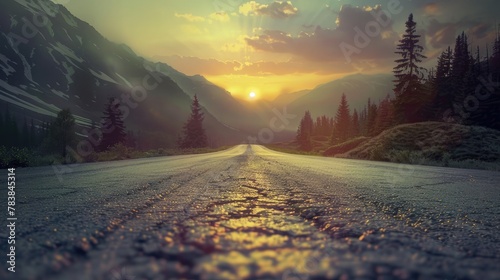 Empty old paved road in mountainous area at sunset photo