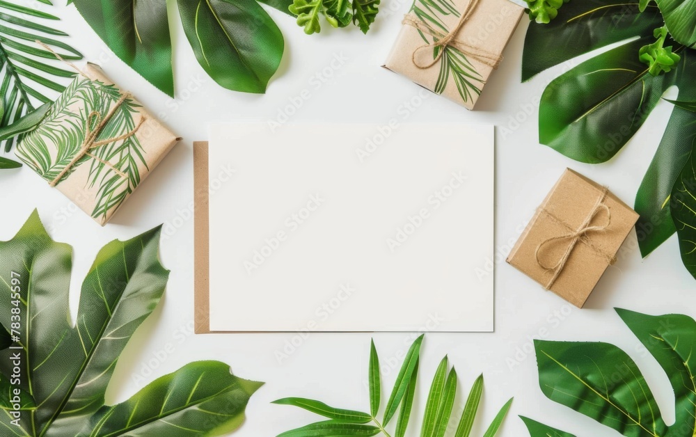 Tropical palm paper with box, envelope and white paper. Flat lay, nature concept, mockup Tropical palm paper with box, envelope and white paper. Flat lay, nature concept, mockup