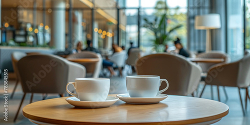 two white coffee cups on a empty table in cafe or restaurant