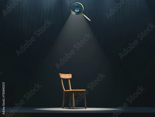 A stage with a single spotlight on a chair and a magnifying glass above, metaphor for performance under evaluation