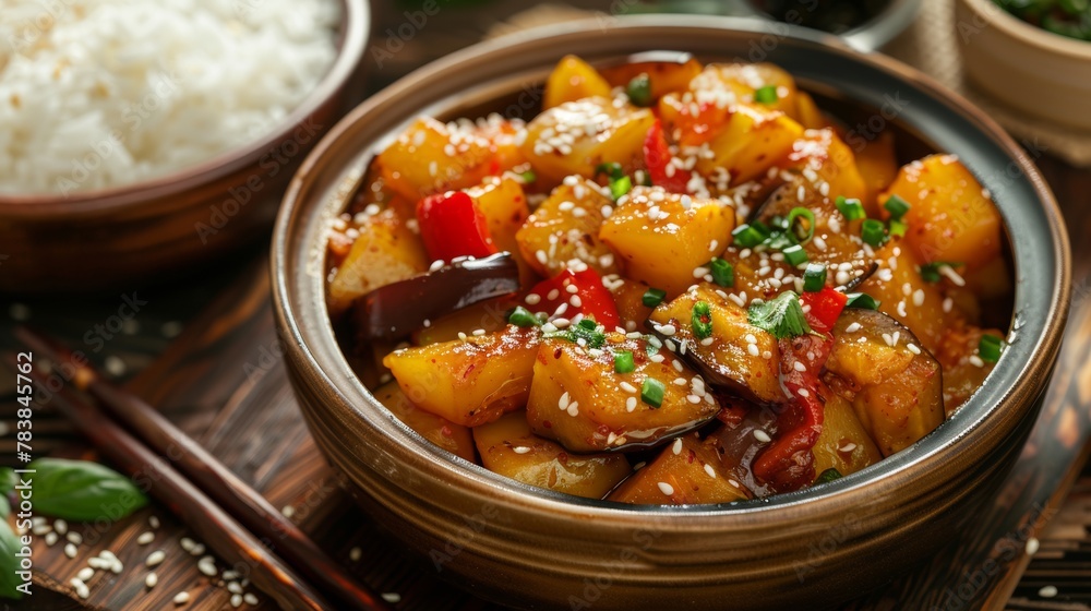 Chinese cuisine: Di San Xian. potatoes, eggplants and peppers are fried in boiling oil, and stewed in garlic sauce, and served with white rice.