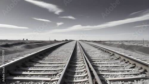 Perspective of Railroad Tracks: Travel Ahead, Monochrome Pathway, Linear Depth