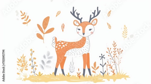   A deer  adorned with antlers  stands amidst a field of leaves and flowers