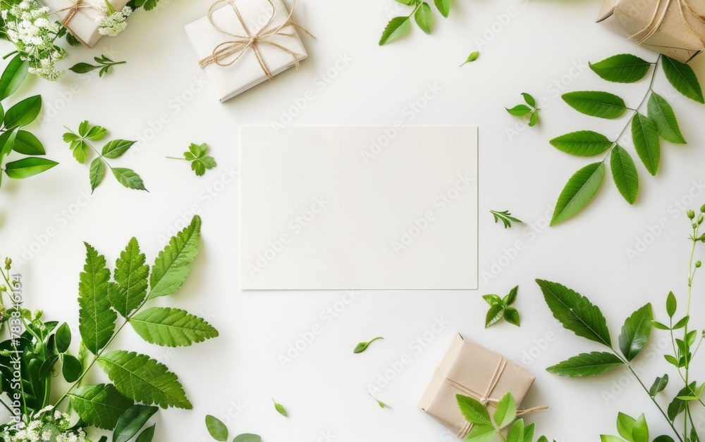 Tropical palm paper with box, envelope and white paper. Flat lay, nature concept, mockup Tropical palm paper with box, envelope and white paper. Flat lay, nature concept, mockup