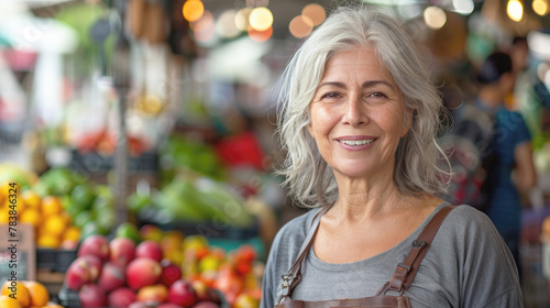 Portrait of smiling senior European woman at local street farmers market. A farmer sells his own organic vegetables at the market.