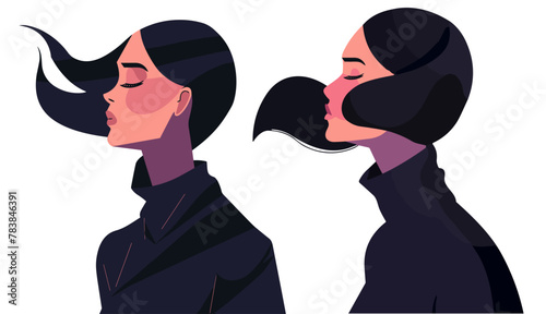 illustration of two portraits of women with flying hair.  Face side view