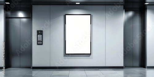 White blank digital advertising screen in an elevator with stainless steel door, A blank white billboard on white wall, Mock up Billboard Media Advertising Poster banner template photo