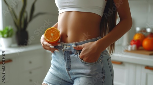 Cropped shot of young tanned slender woman in denim with toned stomach with abs on tropical resort background. Result of fitness, diet, healthy lifestyle. Female belly after a lot of training
